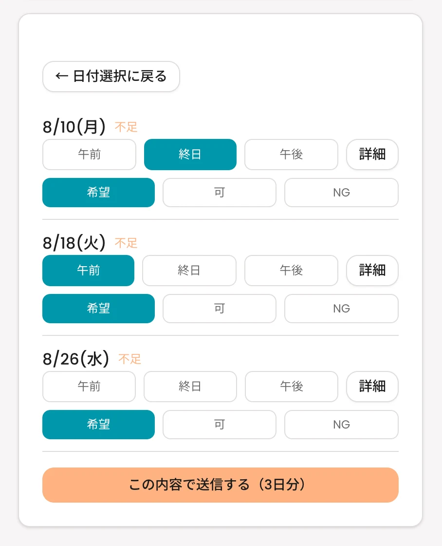 スタッフが日ごとに希望時間帯を選び、まとめて提出する現行のシフト提出画面